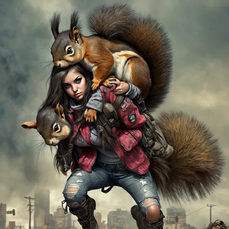 Hyperrealistic art Hyperrealistic art Grunge style post-apocalypse, (Girl survivalist:1.1) with a mutant animal companion. a mut...