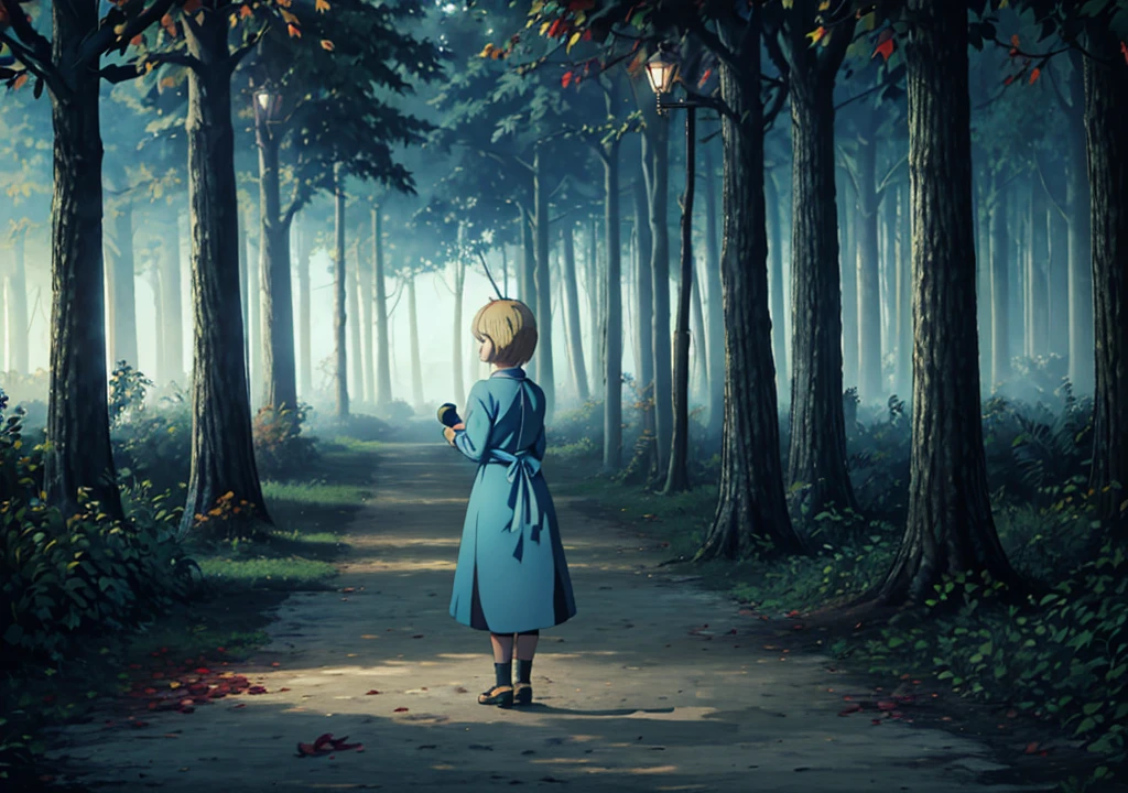 Une fille aux cheveux blonds courts, dans une robe bleu clair, De derrière, tenant une pomme, forêt, automne, 2j, environnement sombre, feuilles sèches, lampadaire à côté d&#39;elle