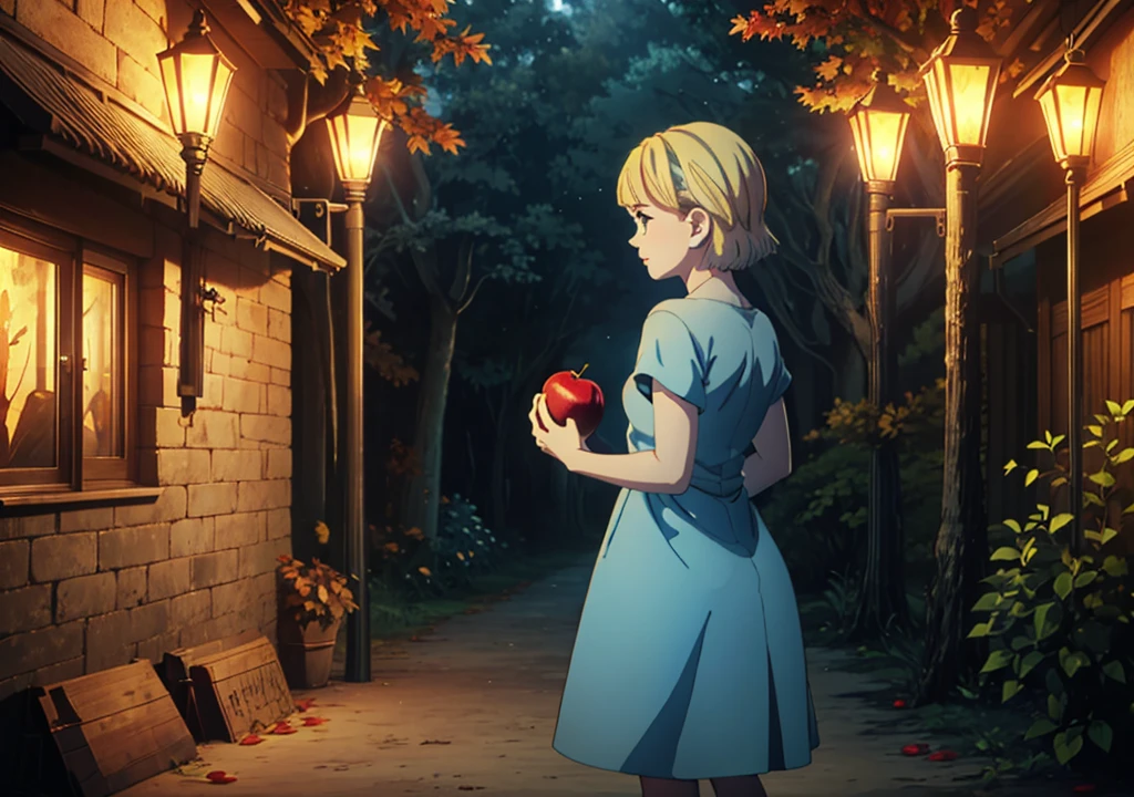 a girl with short blonde hair, in a light blue dress, from the back, holding an apple, forest, autumn, 2D, dark environment, dry leaves, lamppost next to her