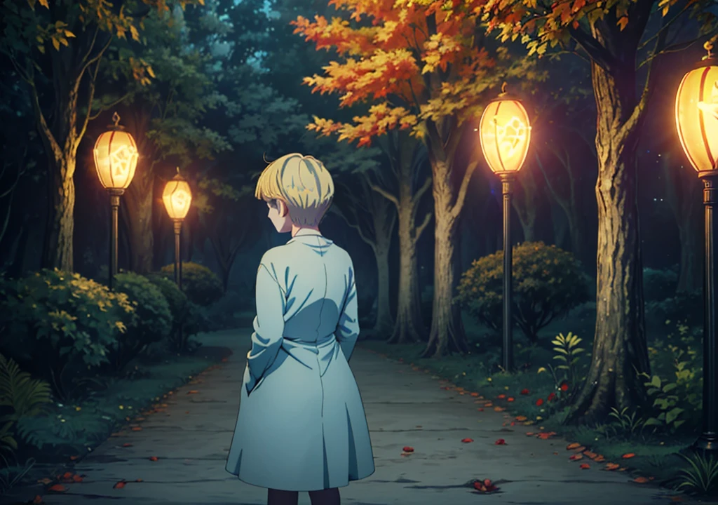 a girl with short blonde hair, in a light blue dress, from the back, holding an apple, forest, autumn, 2D, dark environment, dry leaves, lamppost next to her