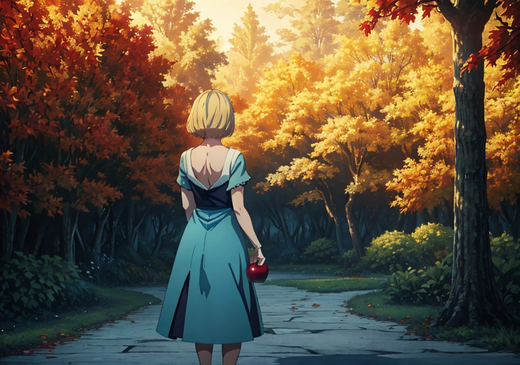 a girl with short blonde hair, in a light blue dress, from the back, holding an apple, forest, autumn, 2D, dark environment, dry leaves, lamppost next to her