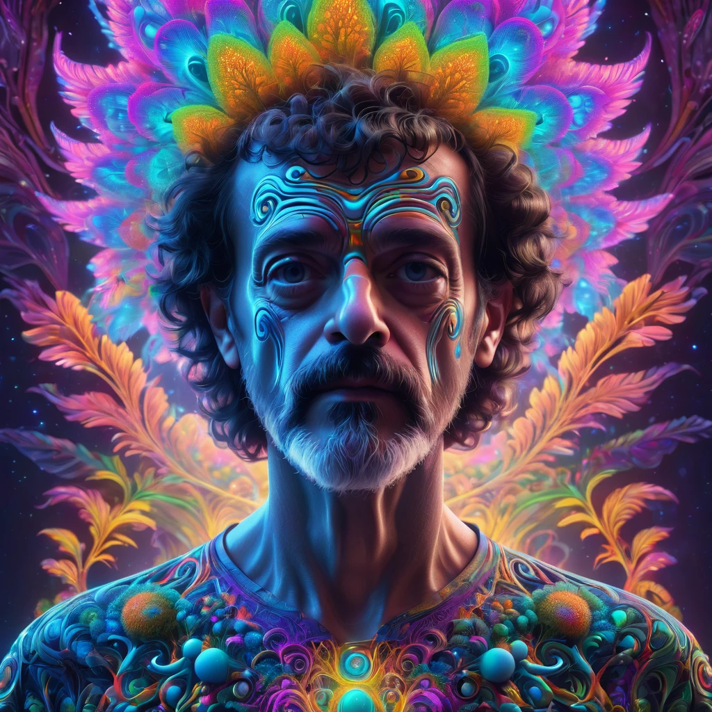 Terence McKenna cuerpo completo with psicodélico mushrooms, psicodélico, fractal, claymorfismo, iluminación cinematográfica, dramático, renderizado de octanaje, cuerpo completo, tendencia en artstation, simetría facial perfecta, Morfismo de vidrio, místico, bokeh, 8K, Intrincado, hiper detallado
