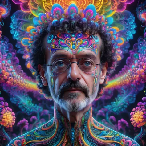 Terence McKenna full body with psychedelic mushrooms, psychedelic, fractal, Claymorphism, cinematic lighting, dramatic, octane r...