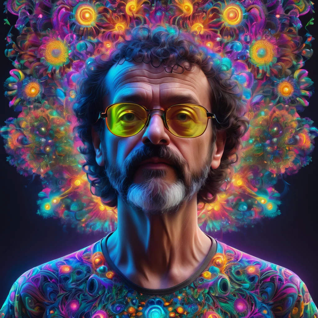 Terence McKenna cuerpo completo with psicodélico mushrooms, psicodélico, fractal, claymorfismo, iluminación cinematográfica, dramático, renderizado de octanaje, cuerpo completo, tendencia en artstation, simetría facial perfecta, Morfismo de vidrio, místico, bokeh, 8K, Intrincado, hiper detallado
