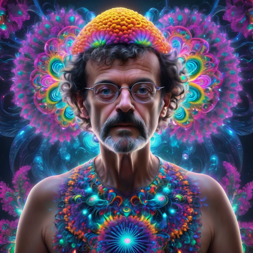 Terence McKenna Ganzkörper with psychedelisch mushrooms, psychedelisch, Fraktal, Tonmorphismus, filmische Beleuchtung, dramatisch, octane render, Ganzkörper, Trends auf ArtStation, perfekte Gesichtssymmetrie, Glasmorphismus, mystisch, bokeh, 8k, kompliziert, hyperdetailliert
