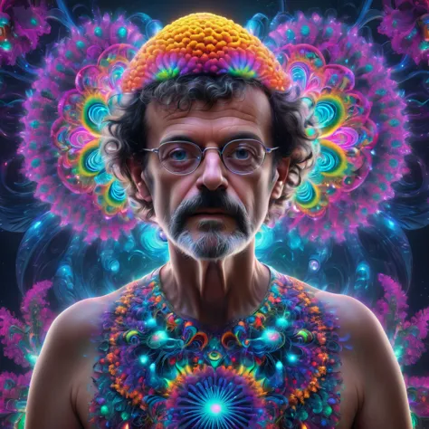 Terence McKenna full body with psychedelic mushrooms, psychedelic, fractal, Claymorphism, cinematic lighting, dramatic, octane r...
