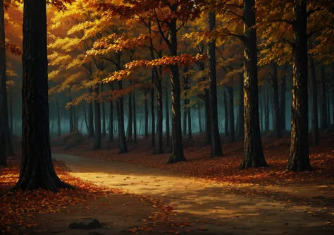 forest, autumn, 2D, dark environment, dry leaves,