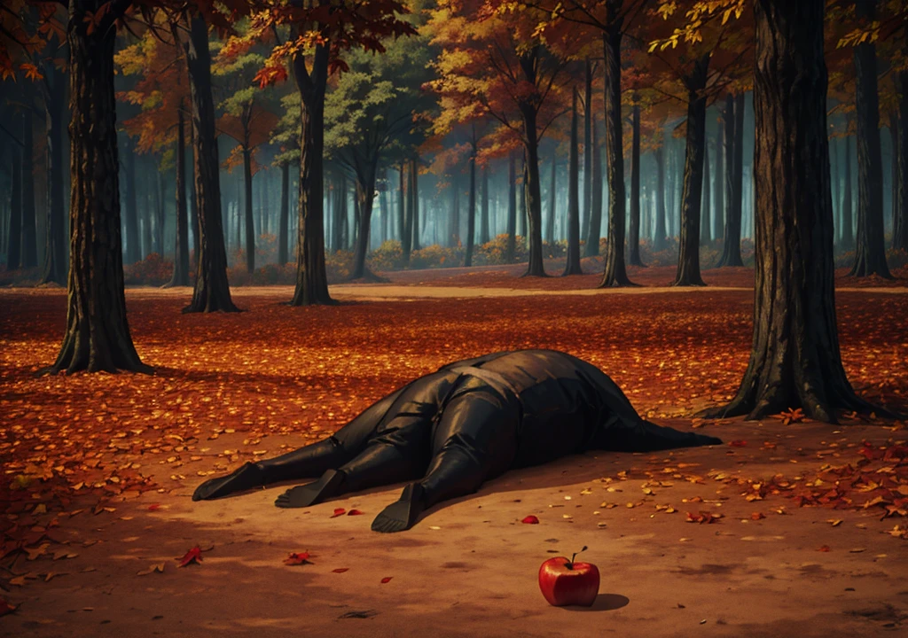 forest, autumn, 2D, dark environment, dry leaves, apple falling to the ground