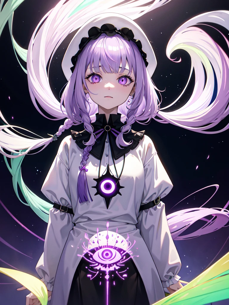 Full bangs,  Straight bangs,  Gradient braided hair, (Light purple hair), (Ink blotches:1.1), (pale:1.2),(Light purple:1.2),(Light green:1.2)　and full body, Artistic elements add depth to the work. The overall atmosphere is creepy and nightmarish..., With a unique artistic touch. This movie is、The dark and crazy world of horror movies depicted in HD., Evoke visual stimuli and aesthetic sense, It will terrify and excite the audience....,watercolor画, （Lightless, Eyes without highlights, Evil Eye, A bad looking person with white eyes, It&#39;s a red eyeliner）,whole body絵, Wearing a maid outfit and （Mature face,tall, Wearing black tights,Green Eyes, The skin is hidden　and maid, The background is a dark and desolate landscape, Horror movie atmosphere. Her figure is extremely beautiful, Emphasizing the dark and crazy elements. Skillfully expressing the effects of light and shadow, detailed, The face and expression of the black costume are also carefully drawn...,sketch (Character design sheet, same characters, whole body, Three-View, front, ~ ~ ~ side, return) and 1 female, Nervous,Cowboy Shot,,(Very bright:1.1), White Background, [1 Girl:7], (Tilt your head:1.2), ([sketch|watercolor \(Moderate\)]:1.15),Chaotic Abstract