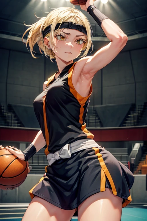8k high resolution, detailed face, detailed body, perfect body, ultra high quality, 1 girl, sleeveless shirt, arms up, armpit, sweating, black headband, yellow eyes, basketball court background