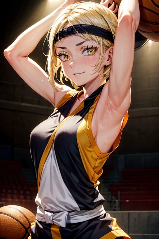 8k high resolution, detailed face, detailed body, perfect body, ultra high quality, 1 girl, sleeveless shirt, arms up, armpit, sweating, black headband, yellow eyes, basketball court background