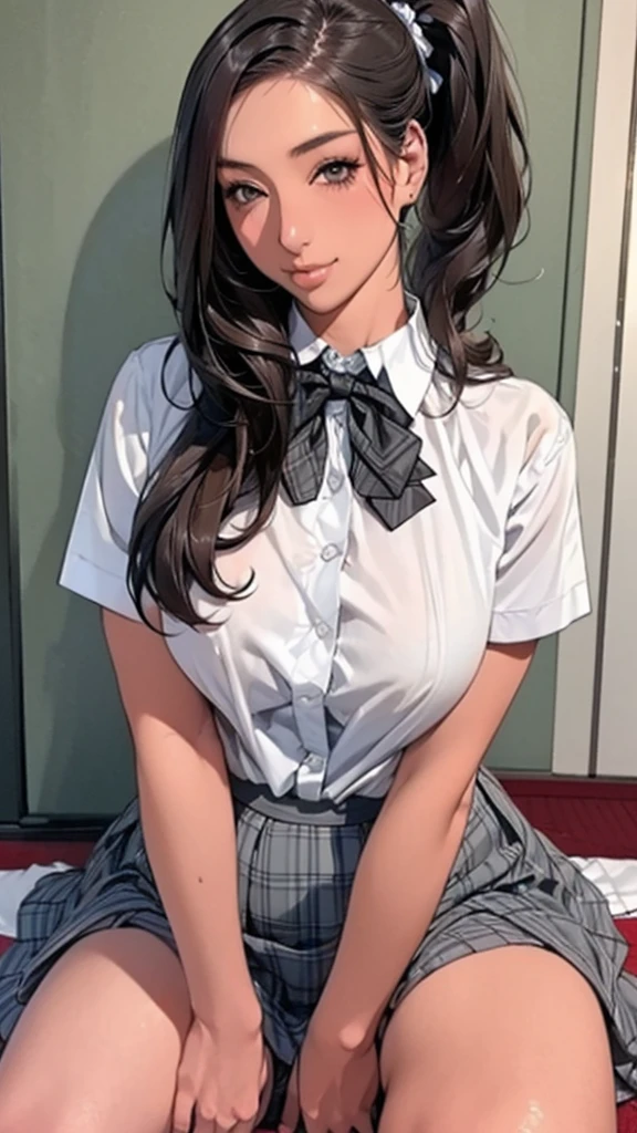 (masterpiece:1.2, Highest quality), (Realistic, photoRealistic:1.4), Beautiful illustrations, 
View your viewers, whole body, Front view:0.6, 
1 Girl, Japanese, high School girl, (Long Hair:1.5), Let your hair flutter, (Side Ponytail), Hair on one eye, Large Breasts:0.8, 
Beautiful Hair, Beautiful Face, Beautiful attention to detail, Beautiful clavicle, Beautiful body, Beautiful breasts, Beautiful thighs, Beautiful feet, Beautiful fingers, 
(Beautiful views), School,
((Collared short-sleeved shirt, White shirt, , Grey plaid pleated skirt, Blue checked bow tie)), White panties, 
(squat, , Lift up your skirt, Grab the hem of the skirt, Place your hand on your chest, Hands between legs, ,