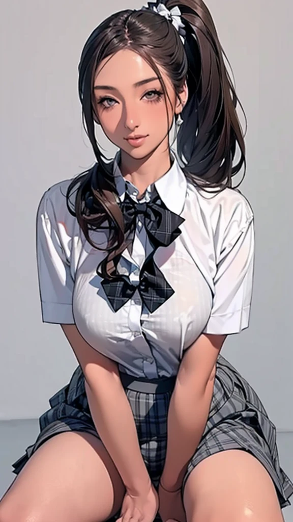 (masterpiece:1.2, Highest quality), (Realistic, photoRealistic:1.4), Beautiful illustrations, 
View your viewers, whole body, Front view:0.6, 
1 Girl, Japanese, high School girl, (Long Hair:1.5), Let your hair flutter, (Side Ponytail), Hair on one eye, Large Breasts:0.8, 
Beautiful Hair, Beautiful Face, Beautiful attention to detail, Beautiful clavicle, Beautiful body, Beautiful breasts, Beautiful thighs, Beautiful feet, Beautiful fingers, 
(Beautiful views), School,
((Collared short-sleeved shirt, White shirt, , Grey plaid pleated skirt, Blue checked bow tie)), White panties, 
(squat, , Lift up your skirt, Grab the hem of the skirt, Place your hand on your chest, Hands between legs, ,