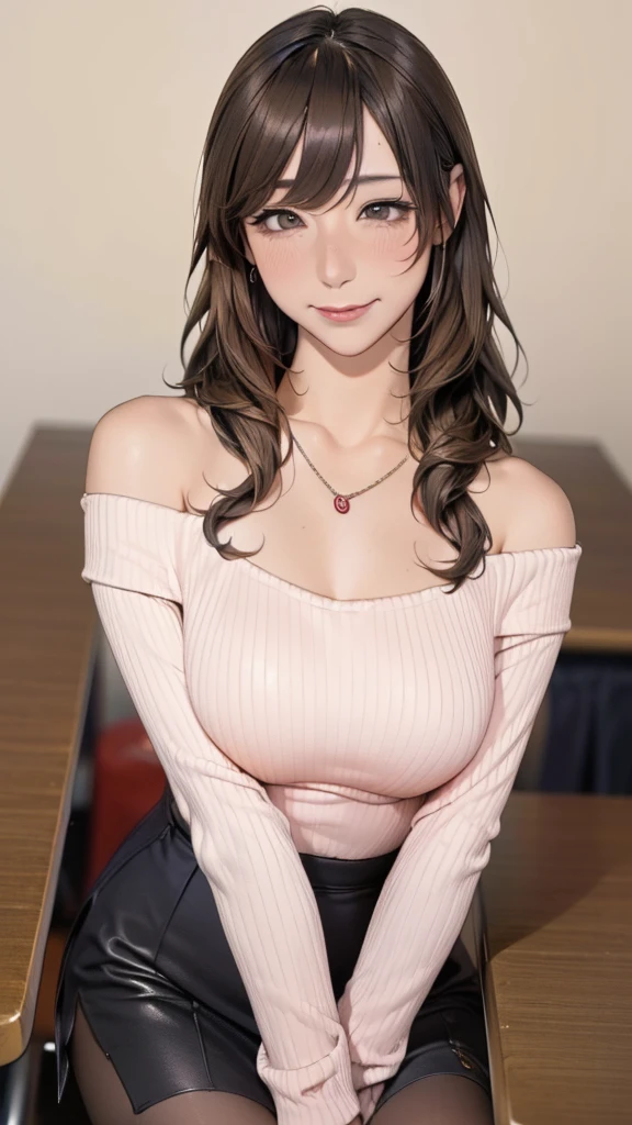 (Tabletop, Highest quality, High resolution, , Pixel perfect, 4K,), 1 Girl, single, alone, Beautiful woman、I could see the whole body、 ((Wavy mid-length hair, bangs, Brown Hair)), ((Brown eyes, Beautiful eyelashes, Realistic eyes)), ((Detailed face, blush:1.2)), ((Smooth texture:0.75, Realistic texture:0.65, Realistic:1.1, Anime CG Style)), Medium chest, Dynamic Angle, Perfect body, female teacher, Earrings、necklace、Beige off-the-shoulder sweater、Long pleated skirt、Black knee-high stockings、Pink lace panties、A shy smile, Superior、Bring your arms together to emphasize your chest、