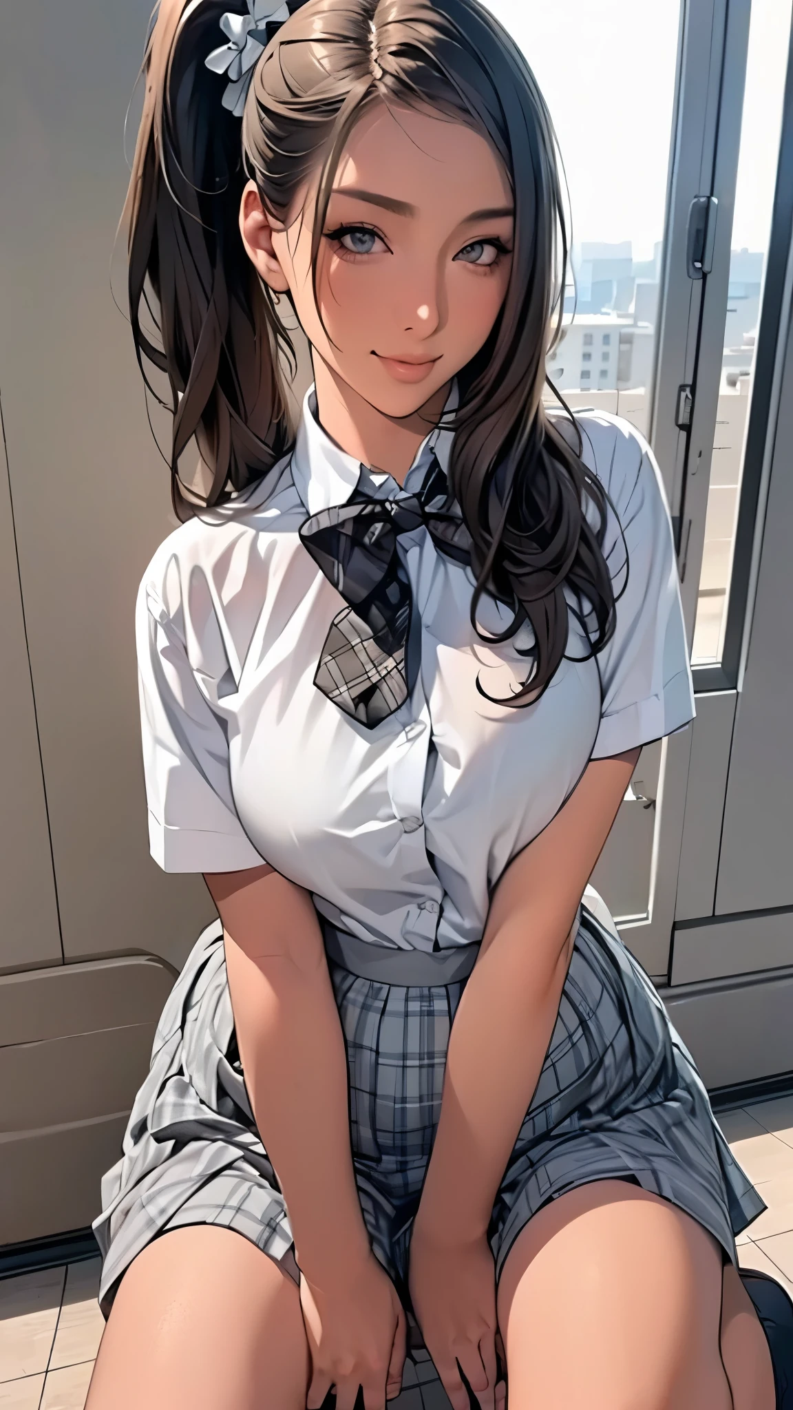 (masterpiece:1.2, Highest quality), (Realistic, photoRealistic:1.4), Beautiful illustrations, 
View your viewers, whole body, Front view:0.6, 
1 Girl, Japanese, high School girl, (Long Hair:1.5), Let your hair flutter, (Side Ponytail), Hair on one eye, Large Breasts:0.8, 
Beautiful Hair, Beautiful Face, Beautiful attention to detail, Beautiful clavicle, Beautiful body, Beautiful breasts, Beautiful thighs, Beautiful feet, Beautiful fingers, 
(Beautiful views), School,
((Collared short-sleeved shirt, White shirt, , Grey plaid pleated skirt, Blue checked bow tie)), White panties, 
(squat, , Lift up your skirt, Grab the hem of the skirt, Place your hand on your chest, Hands between legs, ,