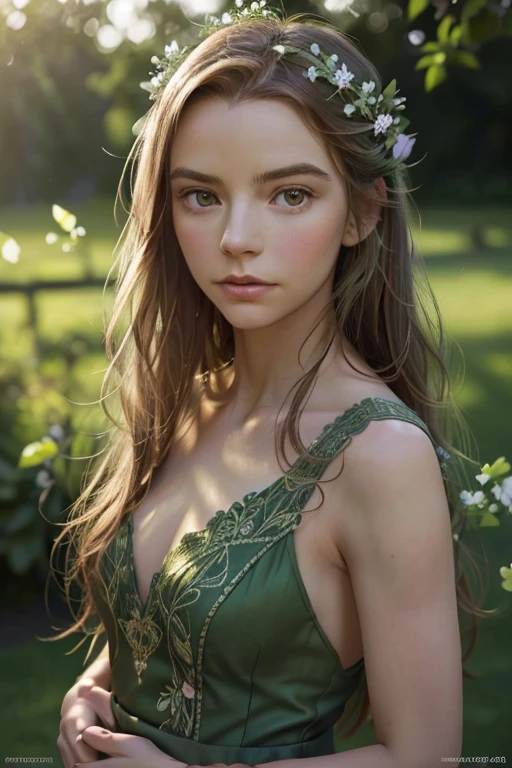 a photoเหมือนจริง detailed portrait of a beautiful young woman with long flowing hair, ดวงตาสีเขียวที่เจาะลึก, ใบหน้าที่ละเอียดอ่อน, สวมชุดสีเขียวหรูหรา, ตั้งอยู่ในสวนกลางแจ้งอันเขียวชอุ่มพร้อมดอกไม้บาน, แสงแดดอันอบอุ่น, และช่างฝัน, บรรยากาศอันบริสุทธิ์, (คุณภาพดีที่สุด,8ก,ความสูง,ผลงานชิ้นเอก:1.2),ละเอียดมาก,(เหมือนจริง,photoเหมือนจริง,photo-เหมือนจริง:1.37),ใบหน้าและดวงตาที่มีรายละเอียดอย่างไม่น่าเชื่อ, ลวดลายดอกไม้ที่สลับซับซ้อน, แสงธรรมชาติ, ความชัดลึกที่น่าทึ่ง, สีสันสดใส, โรแมนติก, โรงภาพยนตร์