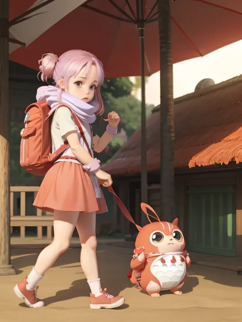 Small cute red and white creature with only two legs,big eyes,bagpack,scarf,side view,Ghibli style  