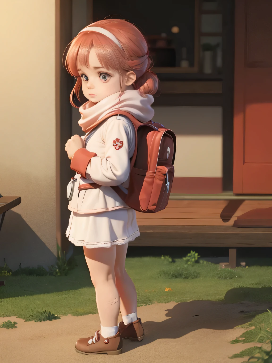 Small cute red and white creature with only two legs,big eyes,bagpack,scarf,side view,Ghibli style  