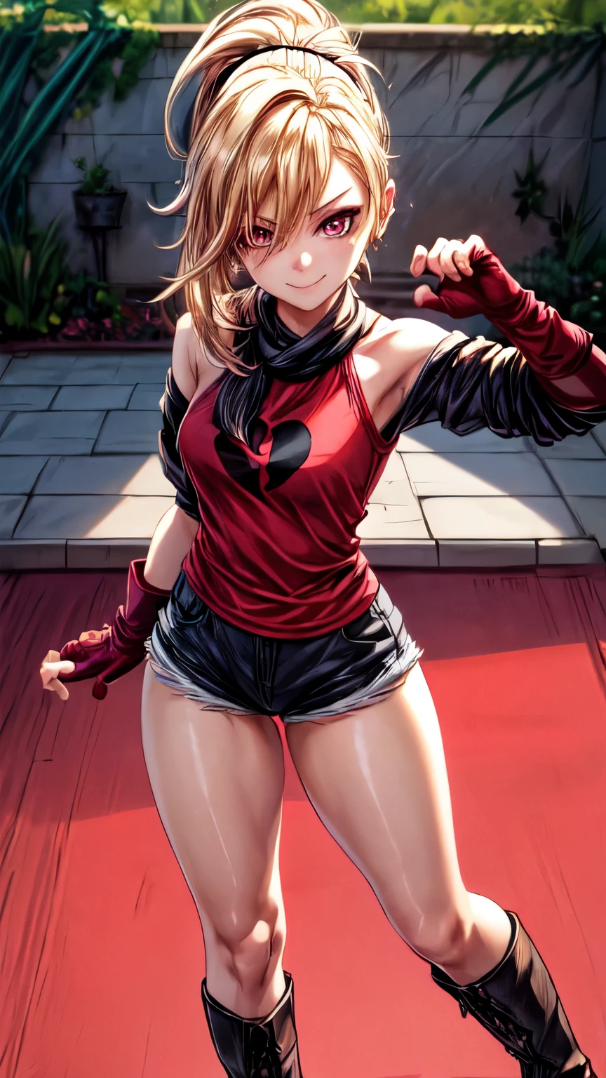 (best quality:1.2),solo,1girl,mdrin,smile,looking at viewer,lovely pose, ponytail,v-shaped eyebrows,red shirt, fingerless gloves,black shorts , garden background, warm color tones,soft lighting, Hair over one eye, ultra long hair, standing on hooftop, long boots, long ponytail, blonde 