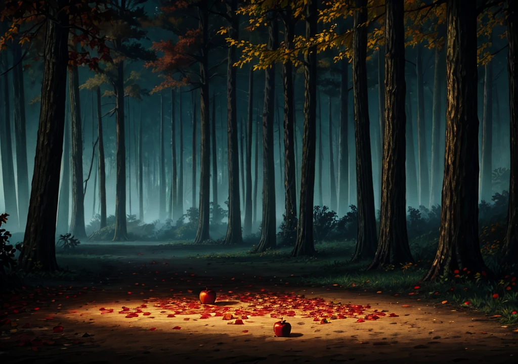 forest, autumn, 2D, dark environment, dry leaves, apple falling on the ground, dark night