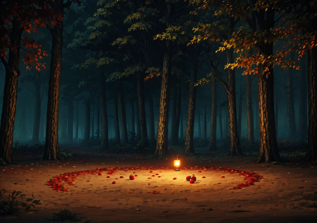 forest, autumn, 2D, dark environment, dry leaves, apple falling on the ground, dark night