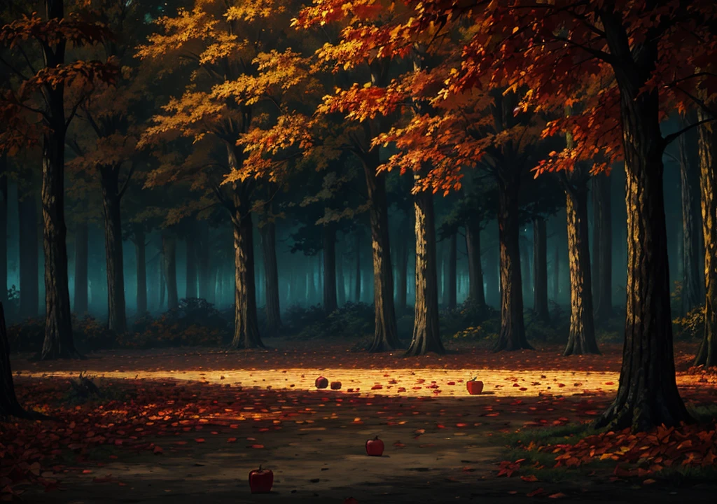 forest, autumn, 2D, dark environment, dry leaves, apple falling on the ground, dark night