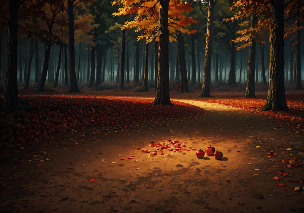 forêt, automne, 2j, environnement sombre, feuilles sèches, pomme tombant par terre, nuit noire