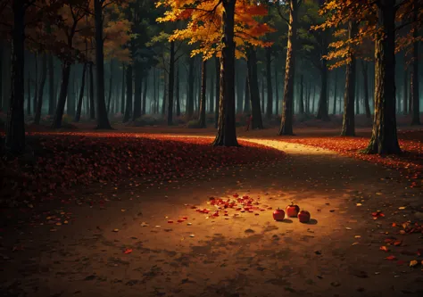 forest, autumn, 2D, dark environment, dry leaves, apple falling on the ground, dark night