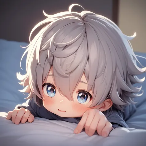 chibi  anime boy 4 years  laying on the ground with his head on his hands, cute anime, menino anime, cabelo loiro olhos azuis, o...