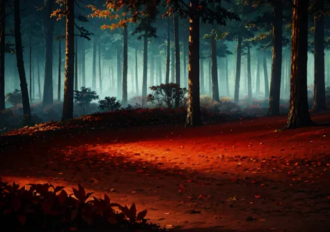 forest, autumn, 2D, dark environment, dry leaves, dark night apple, zoom