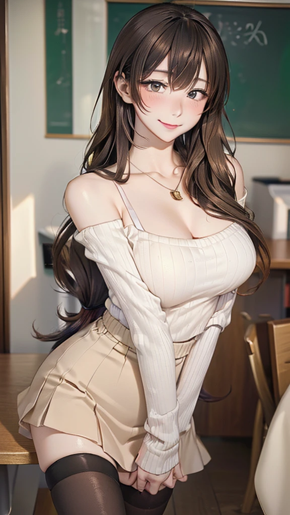 (Tabletop, Highest quality, High resolution, , Pixel perfect, 4K,), 1 Girl, single, alone, Beautiful woman、I could see the whole body、 ((Wavy mid-length hair, bangs, Brown Hair)), ((Brown eyes, Beautiful eyelashes, Realistic eyes)), ((Detailed face, blush:1.2)), ((Smooth texture:0.75, Realistic texture:0.65, Realistic:1.1, Anime CG Style)), Medium chest, Dynamic Angle, Perfect body, female teacher, Earrings、necklace、Beige off-the-shoulder sweater、Long pleated skirt、Black knee-high stockings、Pink lace panties、A shy smile, Superior、Bring your arms together to emphasize your chest、