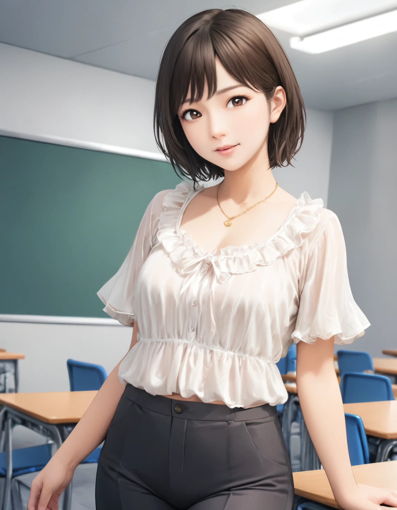 (best quality:1.2), 1girl, School staff room, summer, blouse, Suit pants, cowboy shot, shoot from front