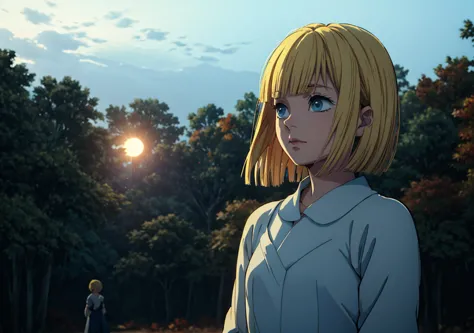 a girl with short blonde hair, in a light blue dress, holding an apple, looking at the sky while an eclipse occurs, in a forest,...