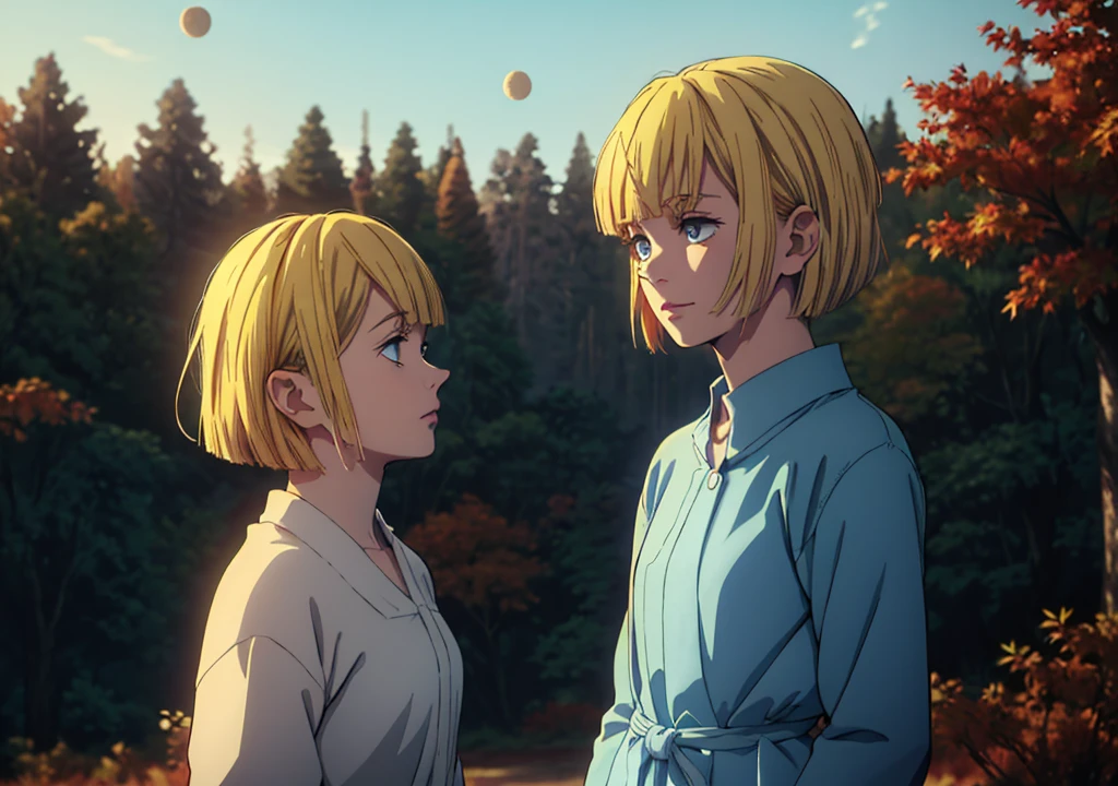 a girl with short blonde hair, in a light blue dress, holding an apple, looking at the sky while an eclipse occurs, in a forest, autumn, 2D, dark environment, dry leaves