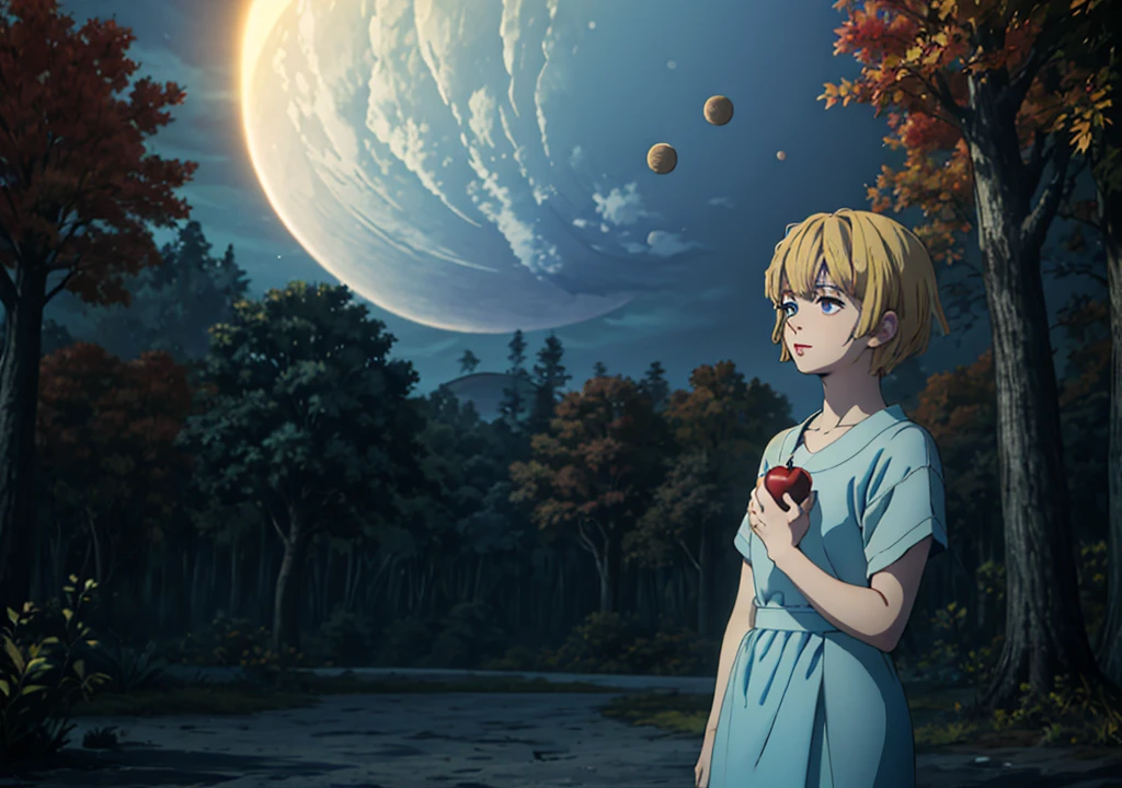 a girl with short blonde hair, in a light blue dress, holding an apple, looking at the sky while an eclipse occurs, in a forest, autumn, 2D, dark environment, dry leaves