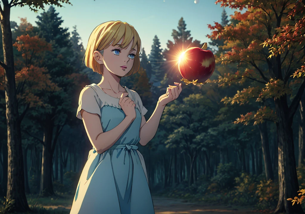 a girl with short blonde hair, in a light blue dress, holding an apple, looking at the sky while an eclipse occurs, in a forest, autumn, 2D, dark environment, dry leaves