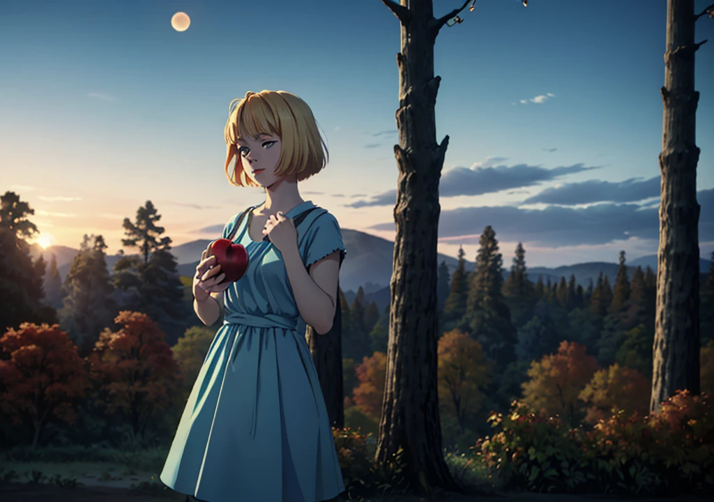 Une fille aux cheveux blonds courts, dans une robe bleu clair, tenant une pomme, regarder le ciel pendant qu&#39;une éclipse se produit, dans une forêt, automne, 2j, environnement sombre, feuilles sèches