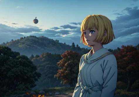 a girl with short blonde hair, in a light blue dress, holding an apple, looking at the sky while an eclipse occurs, in a forest,...