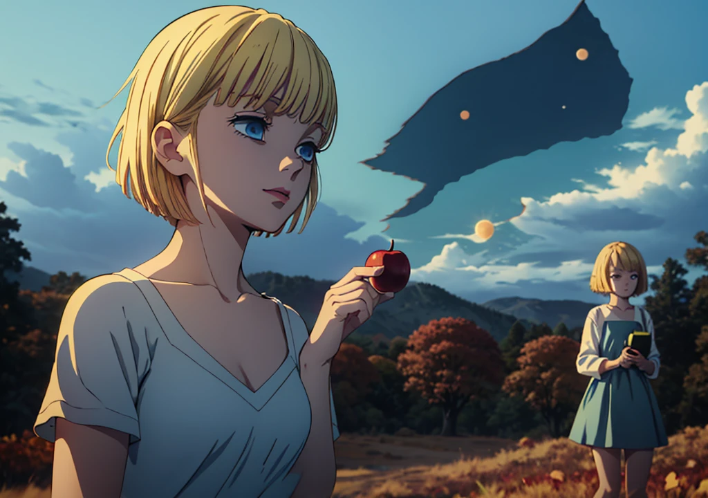 a girl with short blonde hair, in a light blue dress, holding an apple, looking at the sky while an eclipse occurs, in a forest, autumn, 2D, dark environment, dry leaves