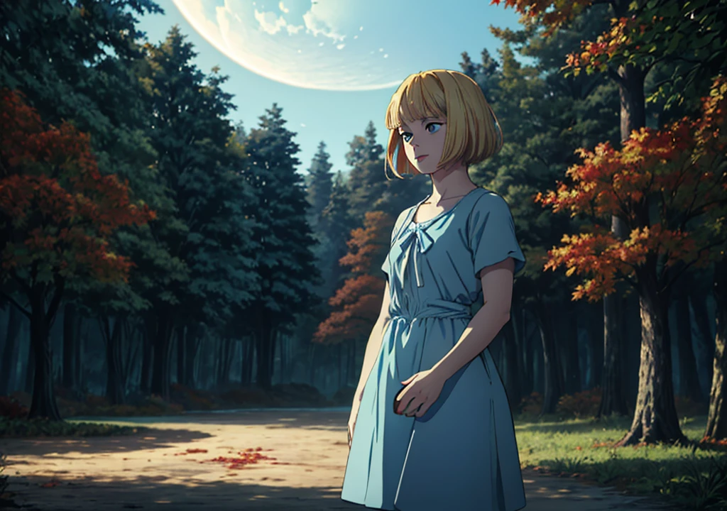 a girl with short blonde hair, in a light blue dress, holding an apple, looking at the sky while an eclipse occurs, in a forest, autumn, 2D, dark environment, dry leaves