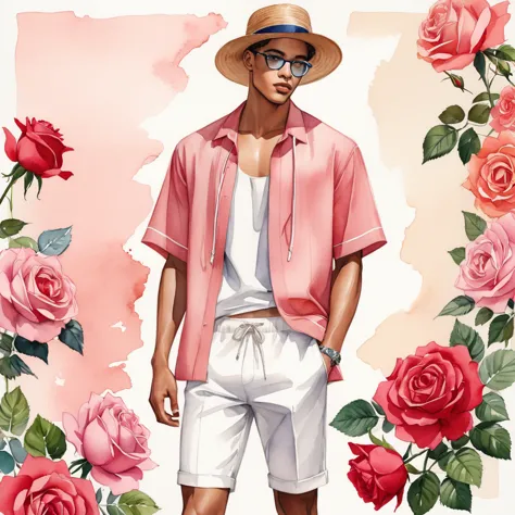 candid fashion illustration of young mixed race 2man, both aged 18-23 year old, ((showcase fashion look book in linen outfits)),...