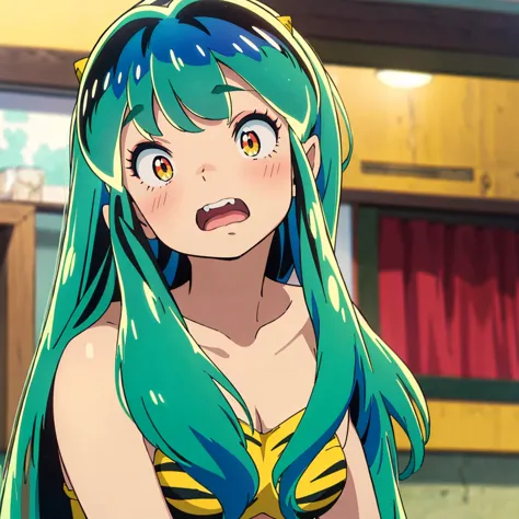 (masterpiece、highest quality)、1 girl、, lum, lum_比基尼, anime, face close-up, open your mouth, looking up, my hair is messy, blush,...