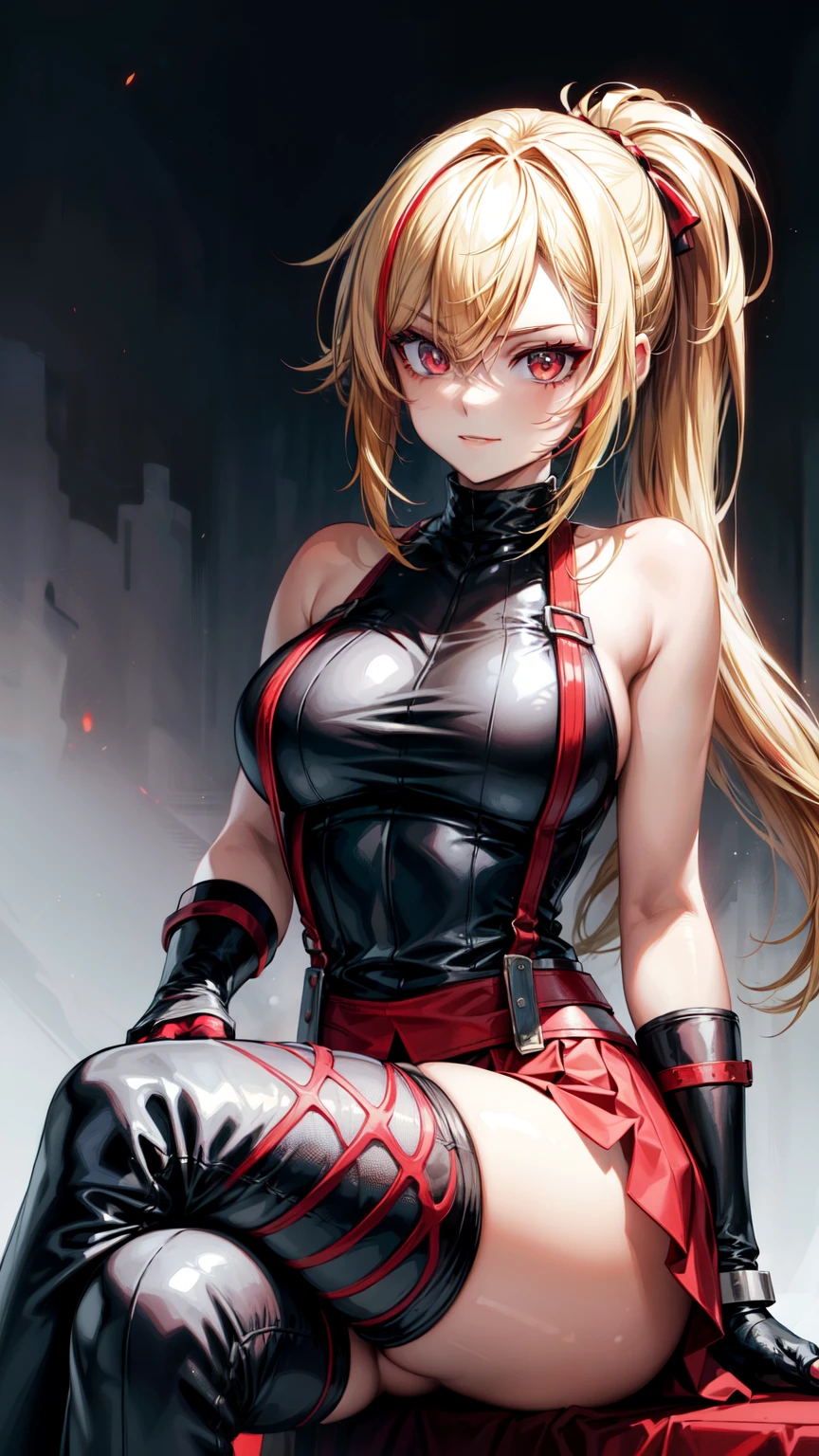 she is back, insane smile,(masterpiece, best quality:1.2)blonde, , red glowing eyes, red eyes, the eyes are red, perfect face, strong make up, sherp eyes, highres, 1 girl, ultra long ponytail, (female:1.5),red longskirt, strife, blonde and red hair streaked with lots of red highlights, two colors hair (blond and red), hight flame mistress outfit, shoulder armor, sleeveless turtleneck, suspenders, belt, gloves, bracer pre potent smile, crossing legs, crossing arms , evil smile, evil pose, sitting, portrait, looking at viewer,  Her hair is streaked with lots red and blonde highlights, moon tribal tattoo.