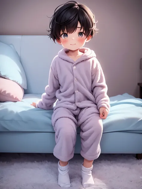 cute 6 year old boy he is wearing socks and a very cute fluffy pajama 