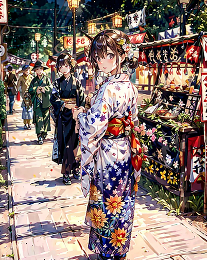 masterpiece, highest quality, super detailed, figure, OMATSURI, food stand, 1 girl, beautiful eyes, looking at the viewer, from behind, cowboy shot, think back, yukata, wood, outdoors,road, walk,  crowd, night, lanthanum, festival, food, paved, Crossing road, paper lanthanum, street lamppost, brown hair, night sky,