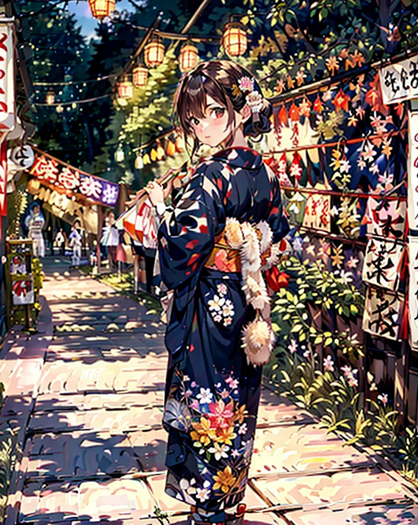 masterpiece, highest quality, super detailed, figure, OMATSURI, food stand, 1 girl, beautiful eyes, looking at the viewer, from behind, cowboy shot, think back, yukata, wood, outdoors,road, walk,  crowd, night, lanthanum, festival, food, paved, Crossing road, paper lanthanum, street lamppost, brown hair, night sky,