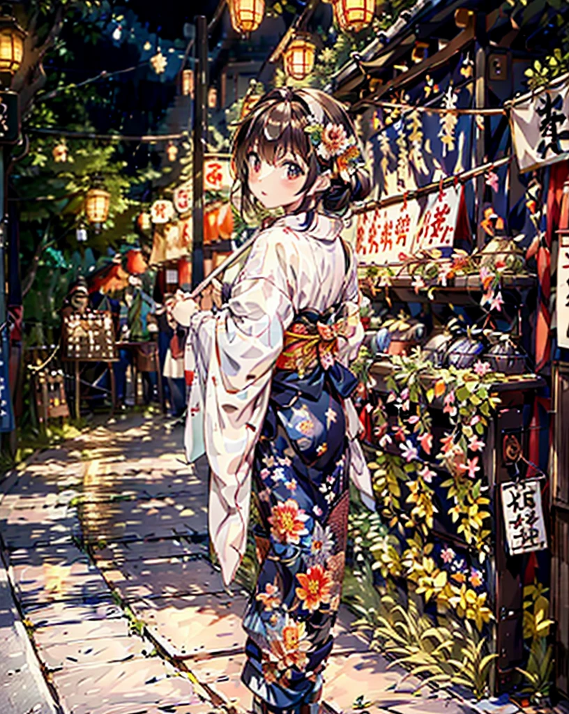 masterpiece, highest quality, super detailed, figure, OMATSURI, food stand, 1 girl, beautiful eyes, looking at the viewer, from behind, cowboy shot, think back, yukata, wood, outdoors,road, walk,  crowd, night, lanthanum, festival, food, paved, Crossing road, paper lanthanum, street lamppost, brown hair, night sky,