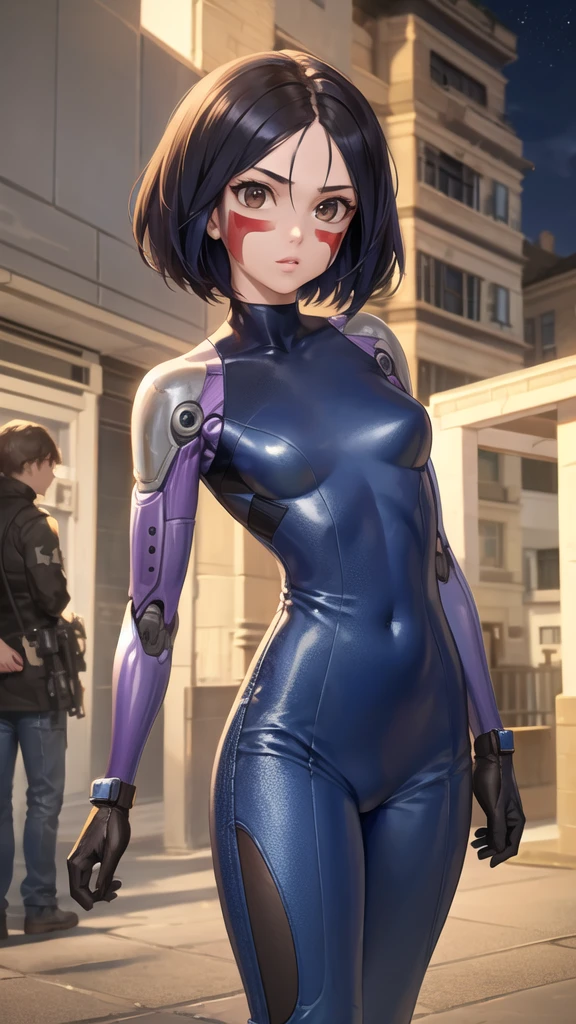 1girl, (masterpiece:1.3), high resolution), (8K), (extremely detailed), (4k), (pixiv), perfect face, nice eyes and face, (best quality), (super detailed), detailed face and eyes, (solo), textured skin, absurdres, highres, gallywz, red facepaint, bare shoulders, mechanical arms,(mechanical hands:1.1),  robot, facial mark, (purple leotard:1.1), (blue pants:1.1),cyberpunk, brown eyes, black hair, short hair, looking at viewer, cowboy shot, standing, outdoors, night, city, medium breasts, 