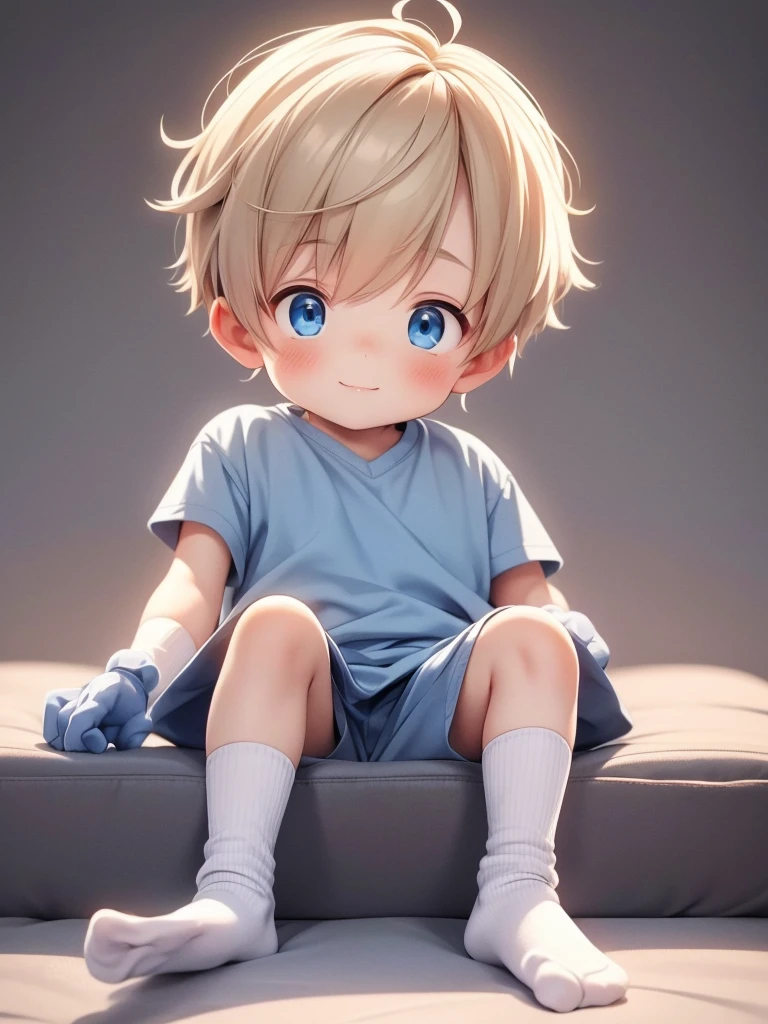 cute 6 year old boy he is wearing socks and a very cute  He has blond hair and blue eyes He's wearing socks and a super cute glove