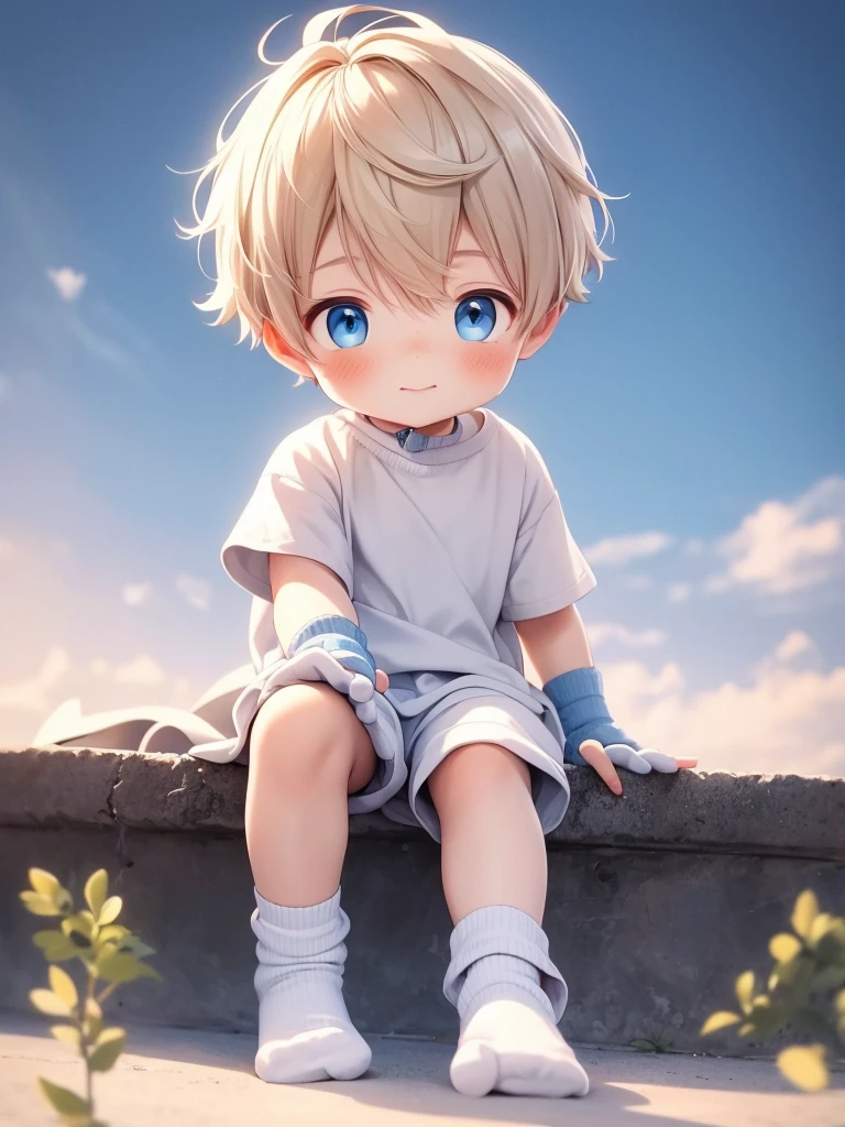可愛的 6 歲男孩，他穿著襪子，非常可愛，他有金色的頭髮和藍眼睛，他穿著襪子和超級可愛的手套